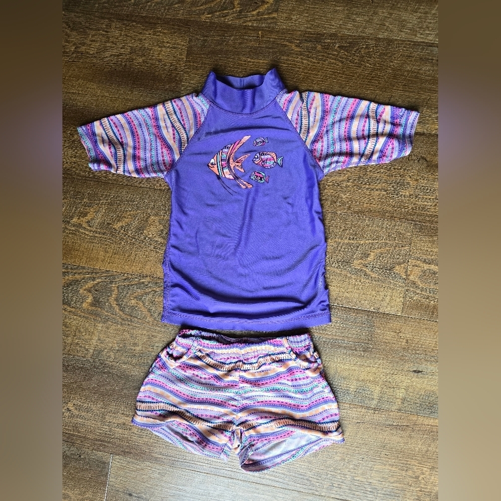 Kids Purple Striped Rashguard Set Fish Design Size 5